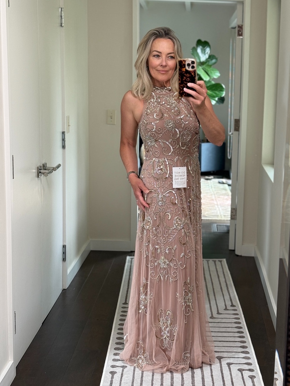 Embellished Blush Halter Evening Gown